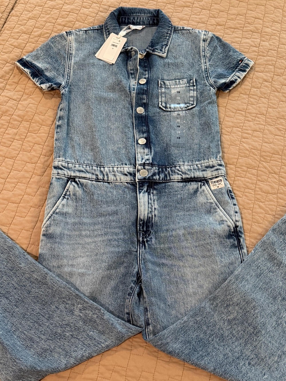 Tommy Hilfiger Washed Blue Denim Short-Sleeve Jumpsuit